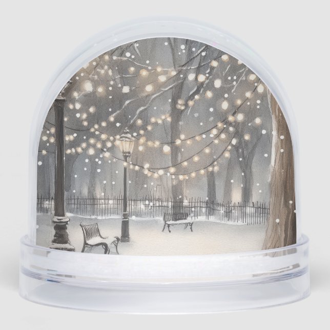 Snowy Winter Night Park String Lights Snow Globe (Front)