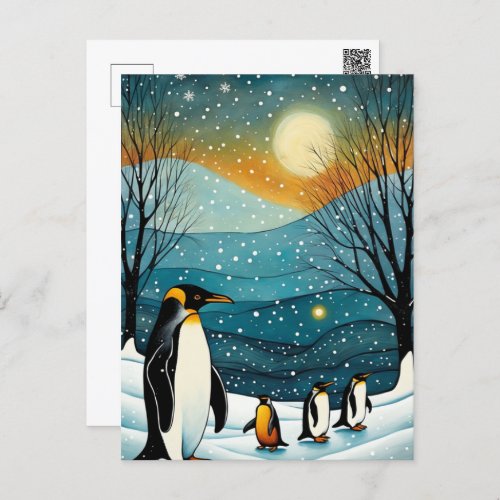 Snowy Winter Night Penguin Christmas Holidays Holiday Postcard