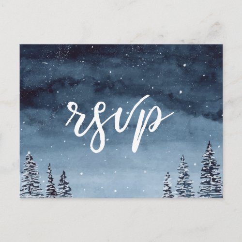Snowy Winter Night Watercolor Navy Blue |  RSVP Postcard - This elegant winter watercolor snowy winter scene is perfect for your winter wonderland wedding.