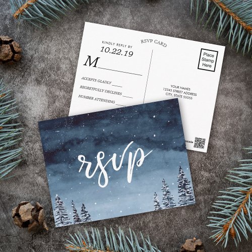 Snowy Winter Night Watercolor Navy Blue   RSVP Postcard