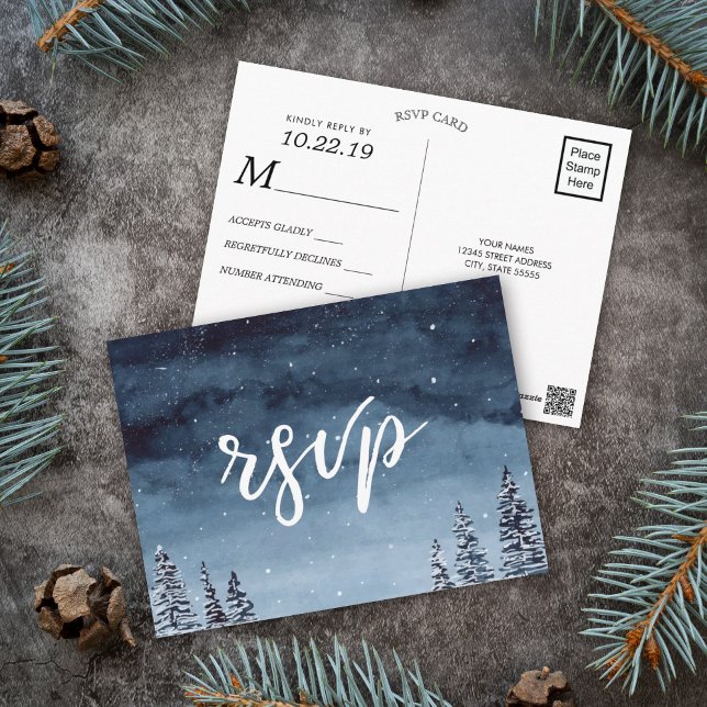 Snowy Winter Night Watercolor Navy Blue |  RSVP Postcard (Watercolor Winter wonderland rsvp postcard featuring a navy blue night background with snow.)