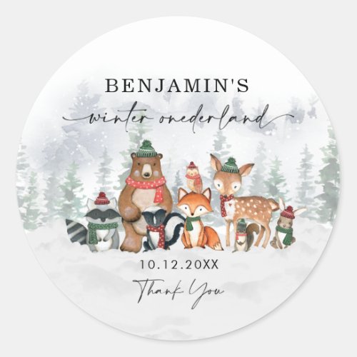 Snowy Winter ONEderland Forest Animals Thank You Classic Round Sticker