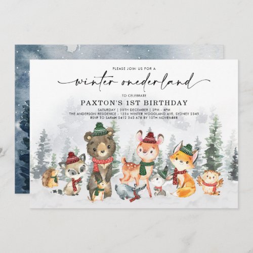 Snowy Winter Onederland Woodland Animals Birthday Invitation