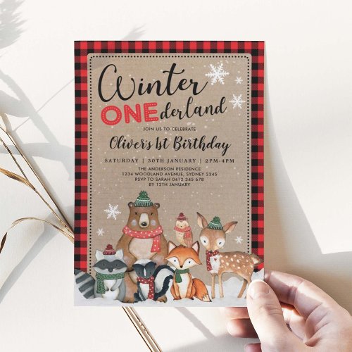 Snowy Winter ONEderland Woodland Forest Birthday Invitation