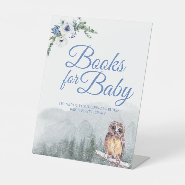 Snowy Winter Owl Baby Shower Baby Books Table Sign (Front)