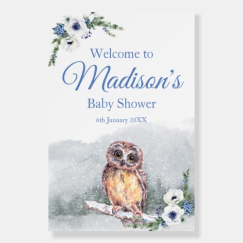 Snowy Winter Owl Blue Baby Shower Welcome Sign