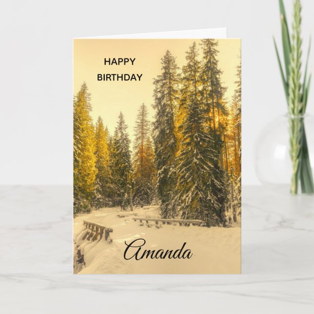 Snowy Winter Path with Pine Trees Birthday Card (Front)