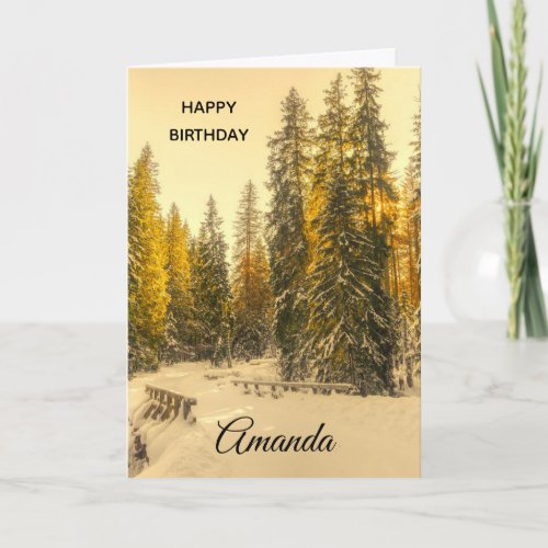 Snowy Winter Path with Pine Trees Birthday Card