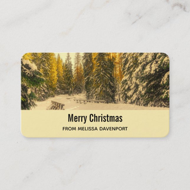 Snowy Winter Path with Pine Trees Christmas Business Card (Front)