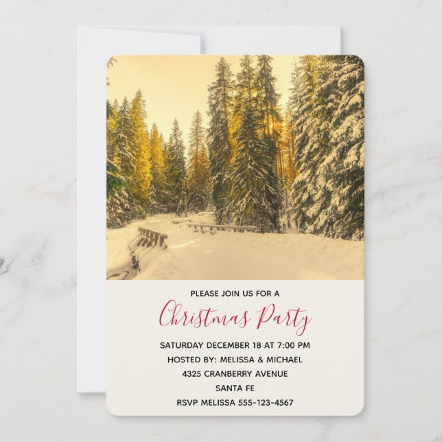 Snowy Winter Path with Pine Trees Christmas Party Invitation (Front)
