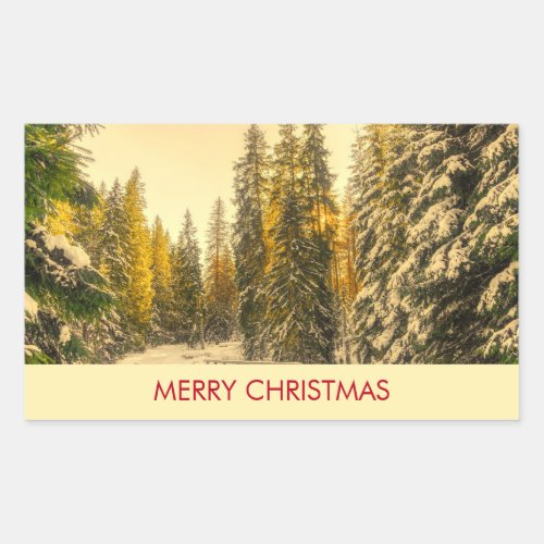 Snowy Winter Path with Pine Trees Christmas Rectangular Sticker