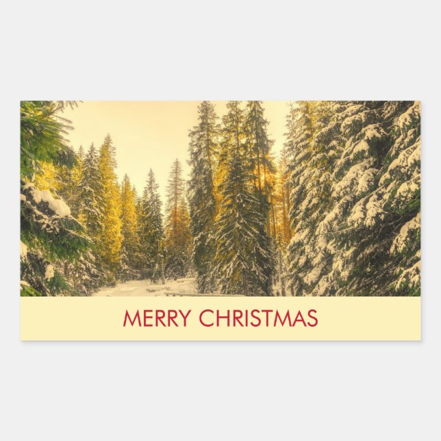 Snowy Winter Path with Pine Trees Christmas Rectangular Sticker (Front)