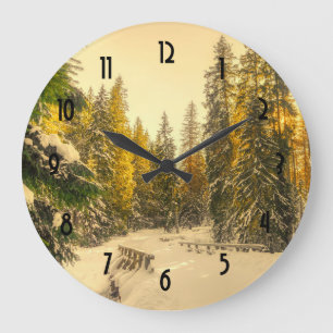 Snowy Winter Path with Pine Trees Large Clock