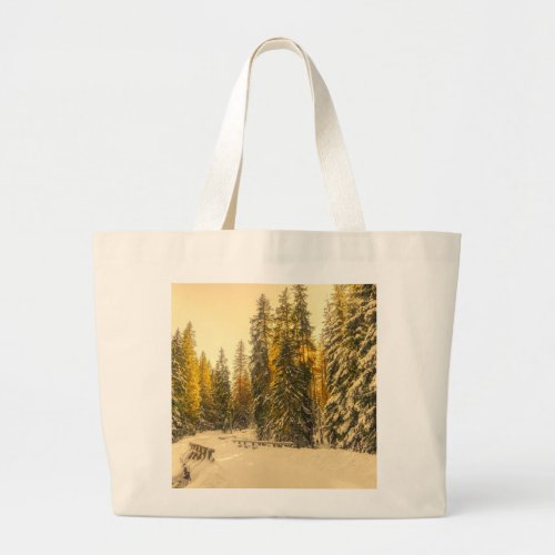 Snowy Winter Path with Pine Trees Large Tote Bag