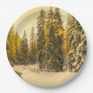 Snowy Winter Path with Pine Trees Paper Plates