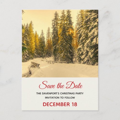 Snowy Winter Path with Pine Trees Save the Date Invitation Postcard