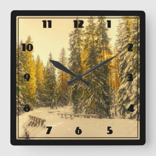 Snowy Winter Path with Pine Trees Square Wall Clock