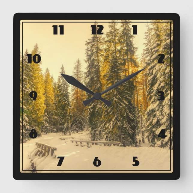 Snowy Winter Path with Pine Trees Square Wall Clock (Front)