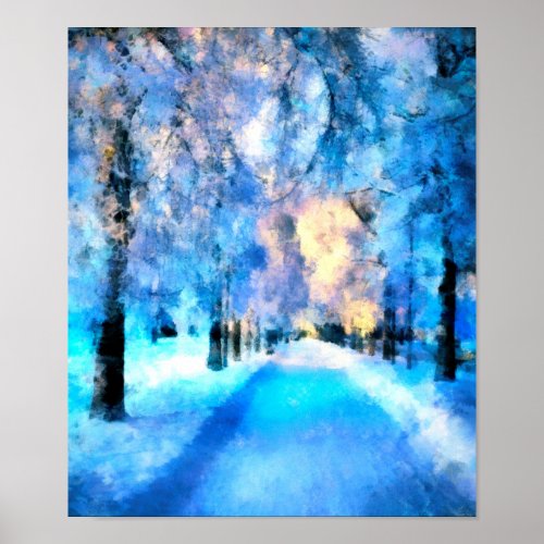 Snowy winter path with trees in sunset  landscape poster