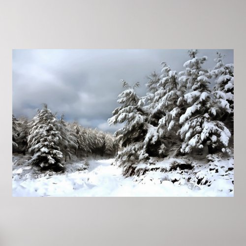 Snowy Winter Pine Forest Landscape Poster