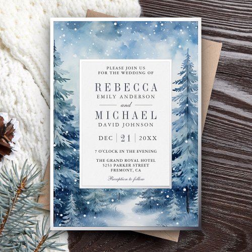  Snowy Winter Pine Forest Photo Collage Wedding Foil Invitation