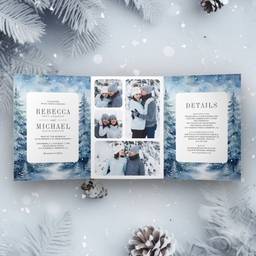  Snowy Winter Pine Forest Photo Collage Wedding Tri_Fold Invitation