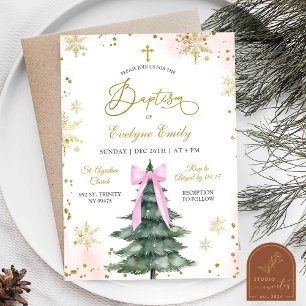 Snowy Winter Pink Girl Christmas Baptism Day Invitation