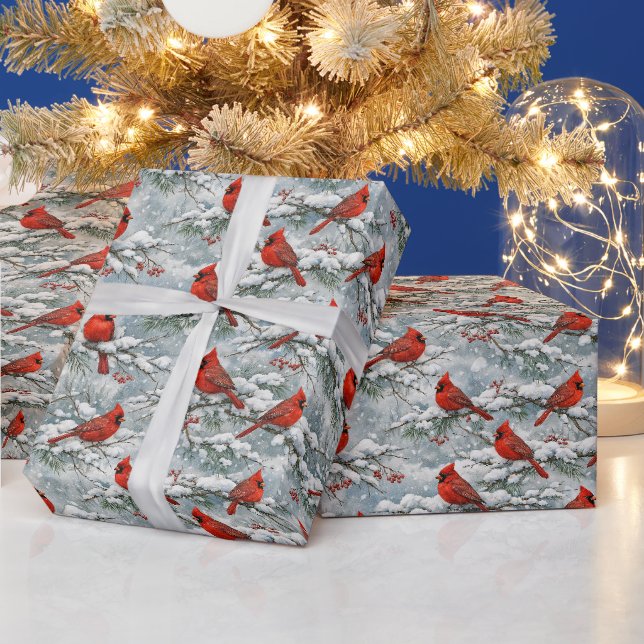 Snowy Winter Red Cardinal Bird Pattern Wrapping Paper (Holidays)