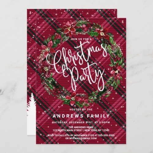 Snowy Winter Red Floral Wreath Flannel Christmas Invitation