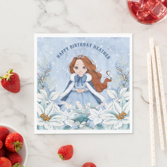 Snowy Winter Red Haired Princess Birthday Napkins (Insitu)