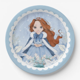 Snowy Winter Red Headed Princess Birthday Paper Plates