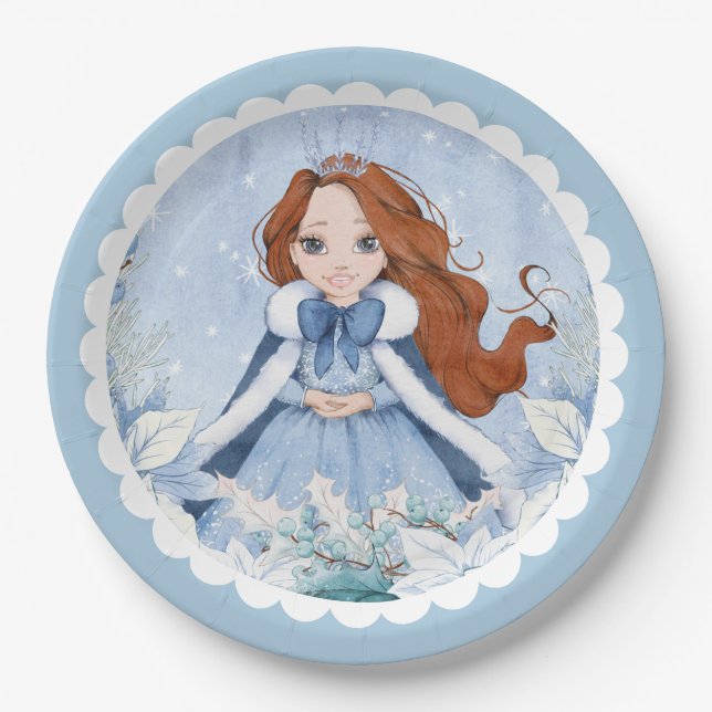Snowy Winter Red Headed Princess Birthday Paper Plates (Front)