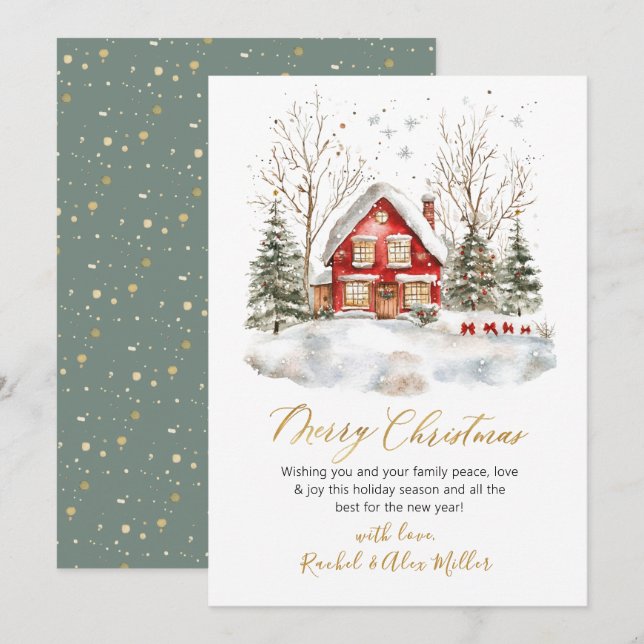 Snowy Winter Scene Gold Script Non Photo Christmas Holiday Card (Front/Back)