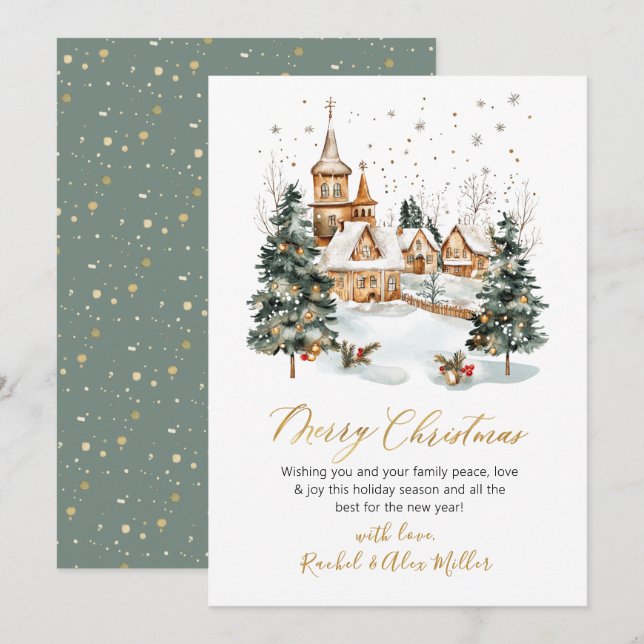 Snowy Winter Scene Gold Script Non Photo Christmas Holiday Card (Front/Back)