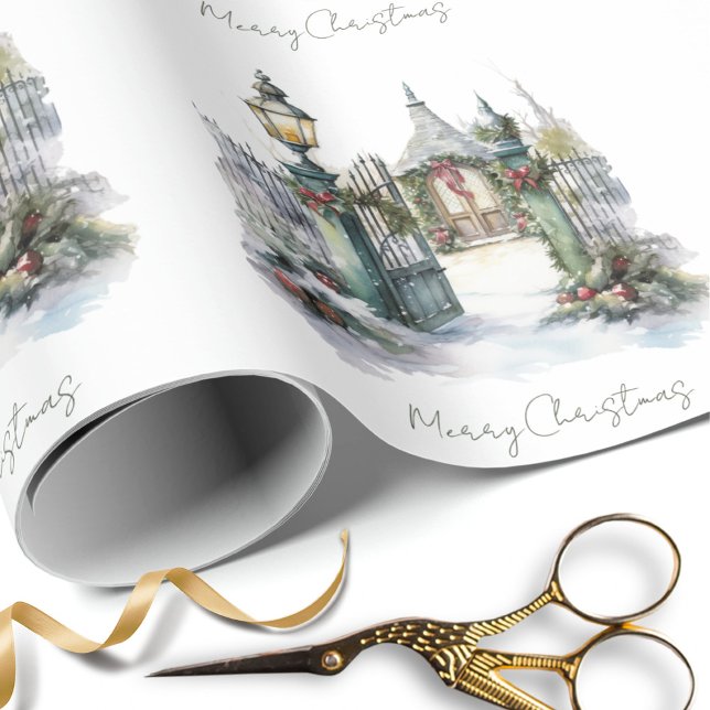 Snowy Winter Scene Watercolor Christmas Village Wrapping Paper (Creator Uploaded)