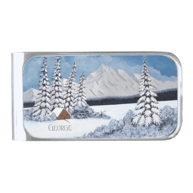 Snowy Winter Silver Finish Money Clip (Front)