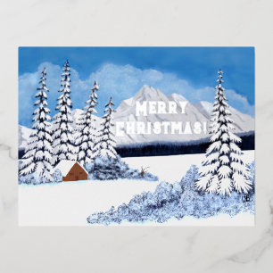 Snowy Winter Silver Foil Christmas Postcard