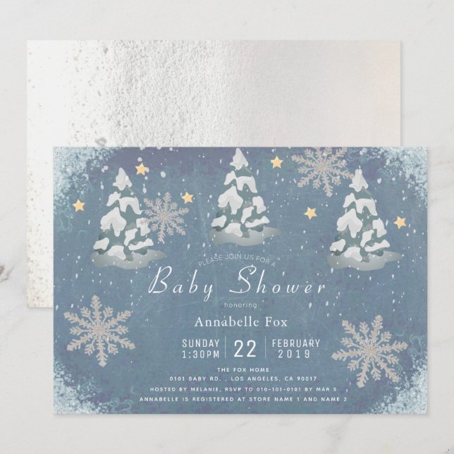 Snowy Winter Silver Snowflake Trees Baby Shower Invitation (Front/Back)