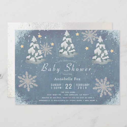 Snowy Winter Silver Snowflake Trees Baby Shower Invitation