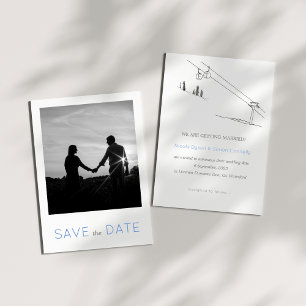 Snowy Winter Ski Newlywed Couple Black and White  Save The Date