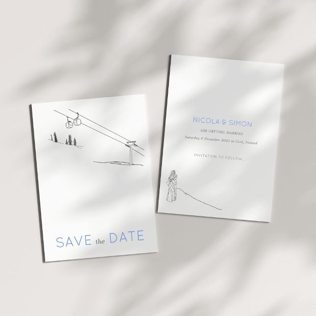 Snowy Winter Ski Newlywed Couple Black White  Save The Date (Creator Uploaded)