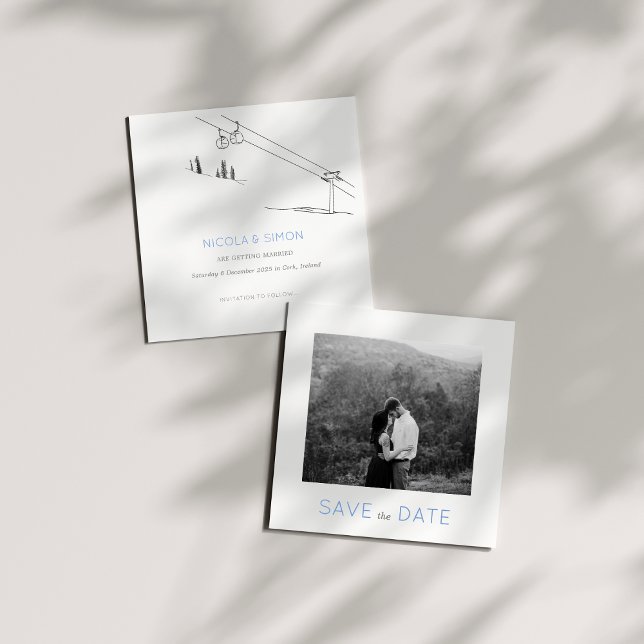 Snowy Winter Ski Resort Couple Black and White  Save The Date (Sample)