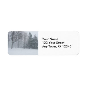 Snowy Winter , Snow on Trees In The Woods Scene Label