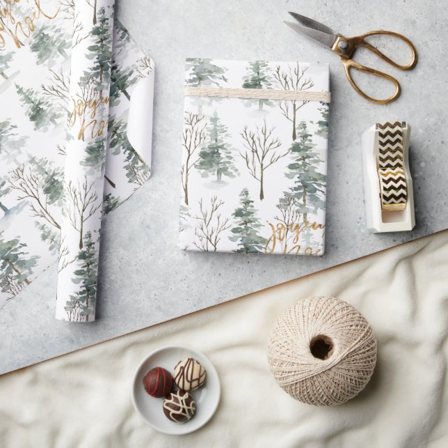 Snowy Winter Trees Joyeux Noel Gold Typography Wrapping Paper (Crafts)