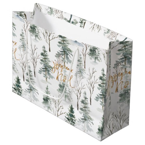 Snowy Winter Trees Pattern Gold Typography Large Gift Bag