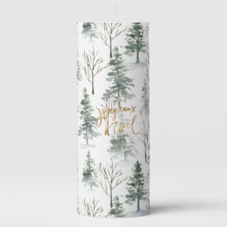 Snowy Winter Trees Pattern Gold Typography Pillar Candle