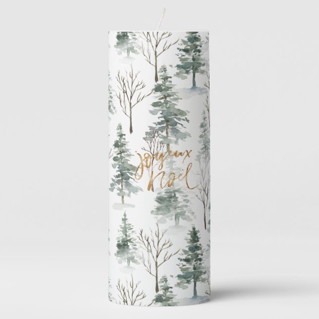 Snowy Winter Trees Pattern Gold Typography Pillar Candle (Front)
