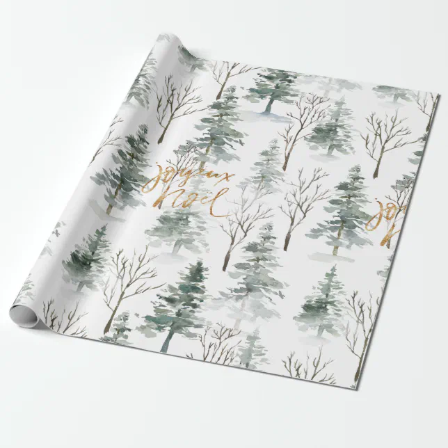 Snowy Winter Trees Pattern Gold Typography Wrapping Paper | Zazzle