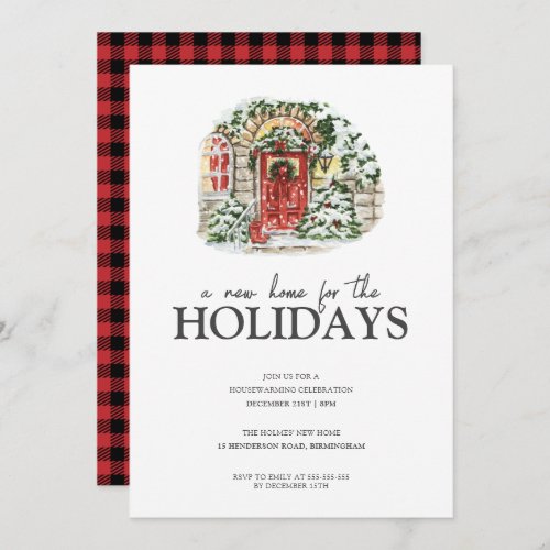 Snowy Winter Village Red Plaid Housewarming Party Invitation