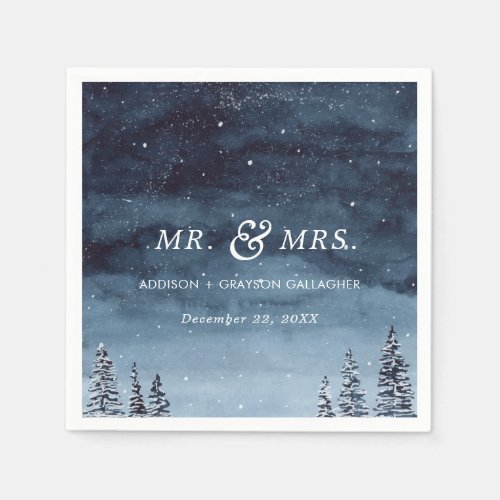 Snowy Winter Watercolor Navy Blue | Wedding Napkin - This elegant winter watercolor snowy winter scene is perfect for your winter wonderland wedding.